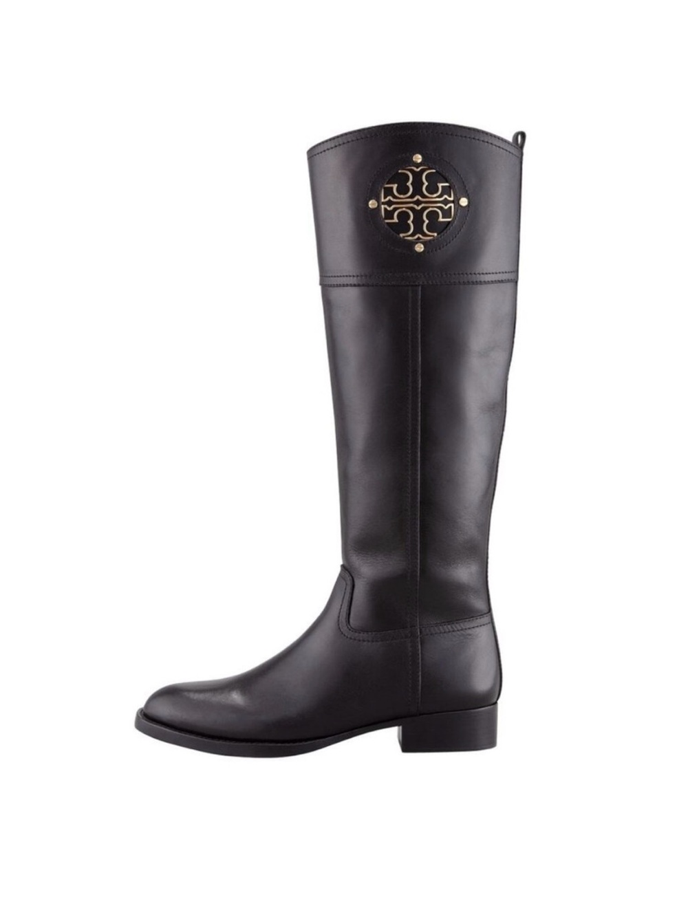 Tory Burch Black Leather Knee-High Boots with Gold Logo Medallion